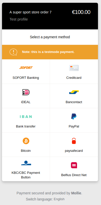Testing Drupal Commerce 2 and Mollie payments - preview of Mollie payment selection screen